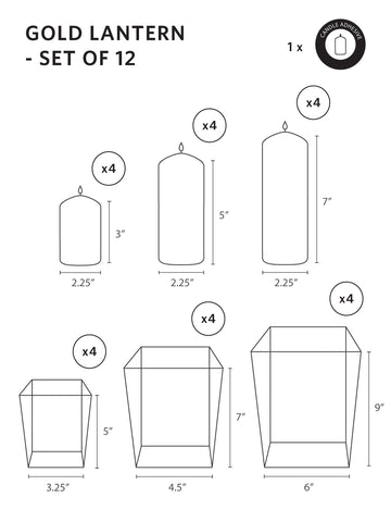 Yummi Candles - 12 Slim Pillar Candles and Gold Luxus Lanterns - Info