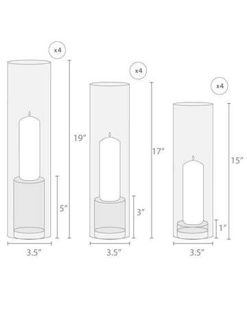 Yummi Candles - 12 Slim Pillar Candles, 12 Glass Chimneys and 12 Glass Pillar Holders - Info