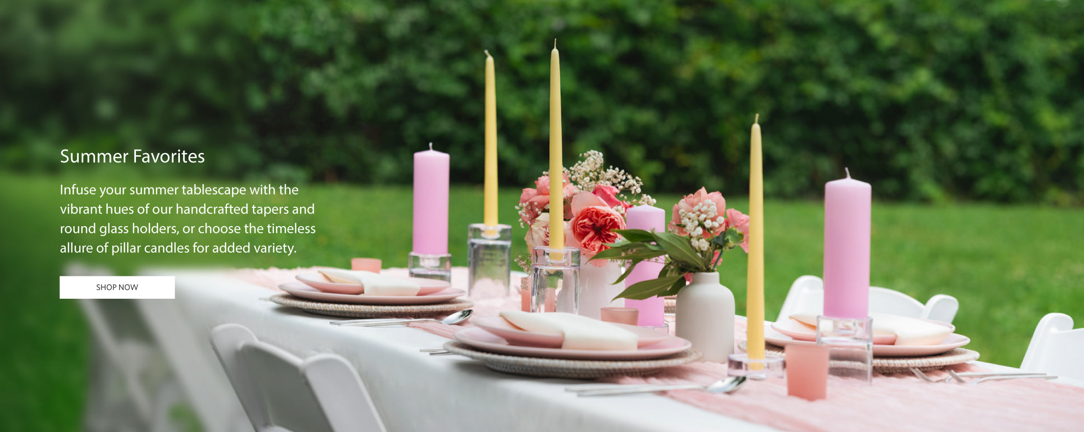 ButterYellow taper candles and Blush Pink pillar candles with glass holders