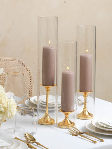 Yummi Candles - 12 Slim Pillar Candles, 12 Glass Chimneys and 12 Gold Timeless Pillar Holders - Lifestyle - 3