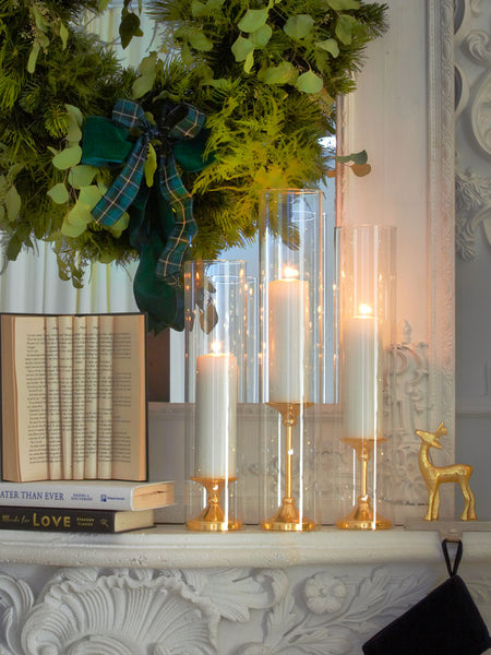 12 Slim Pillar Candles, 12 Glass Chimneys and 12 Gold Timeless Pillar ...