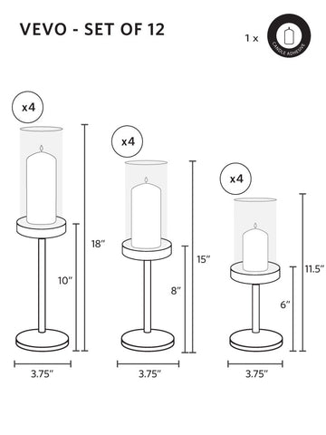 Yummi Candles - 12 Slim Pillar Candles, 12 Cylinder Vases and 12 Gold Vevo Pedestals - Info