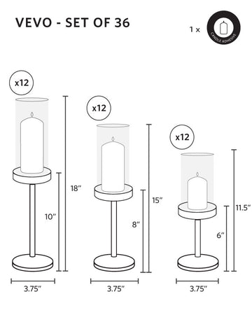 Yummi Candles - 36 Slim Pillar Candles, 36 Cylinder Vases and 36 Gold Vevo Pedestals - Info