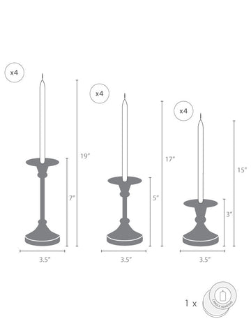 Yummi Candles - 12 Taper Candles and 12 Gold Timeless Taper Holders - Info