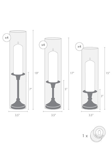 Yummi Candles - 12 Slim Pillar Candles, 12 Glass Chimneys and 12 Gold Timeless Pillar Holders - Info