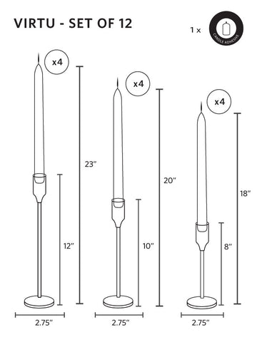 Yummi Candles - 12 Taper Candles and 12 Gold Virtu Candlesticks - Info