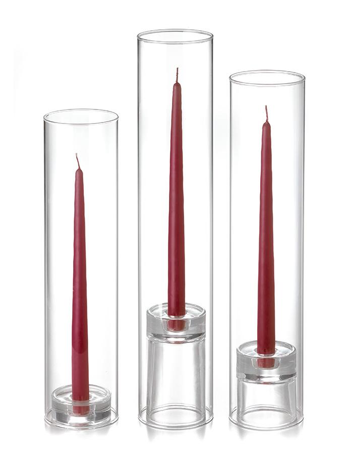 12 Taper Candles, 12 Glass Chimneys and 12 Glass Taper Holders