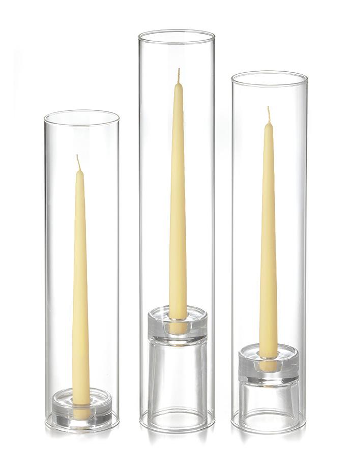 12 Taper Candles, 12 Glass Chimneys and 12 Glass Taper Holders