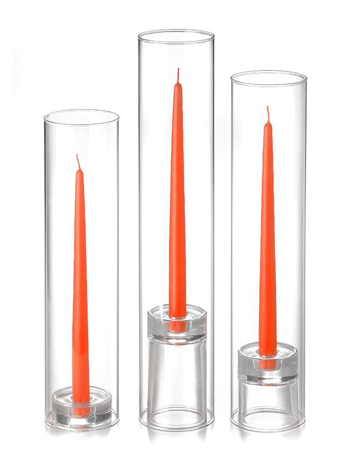 12 Taper Candles, 12 Glass Chimneys and 12 Glass Taper Holders