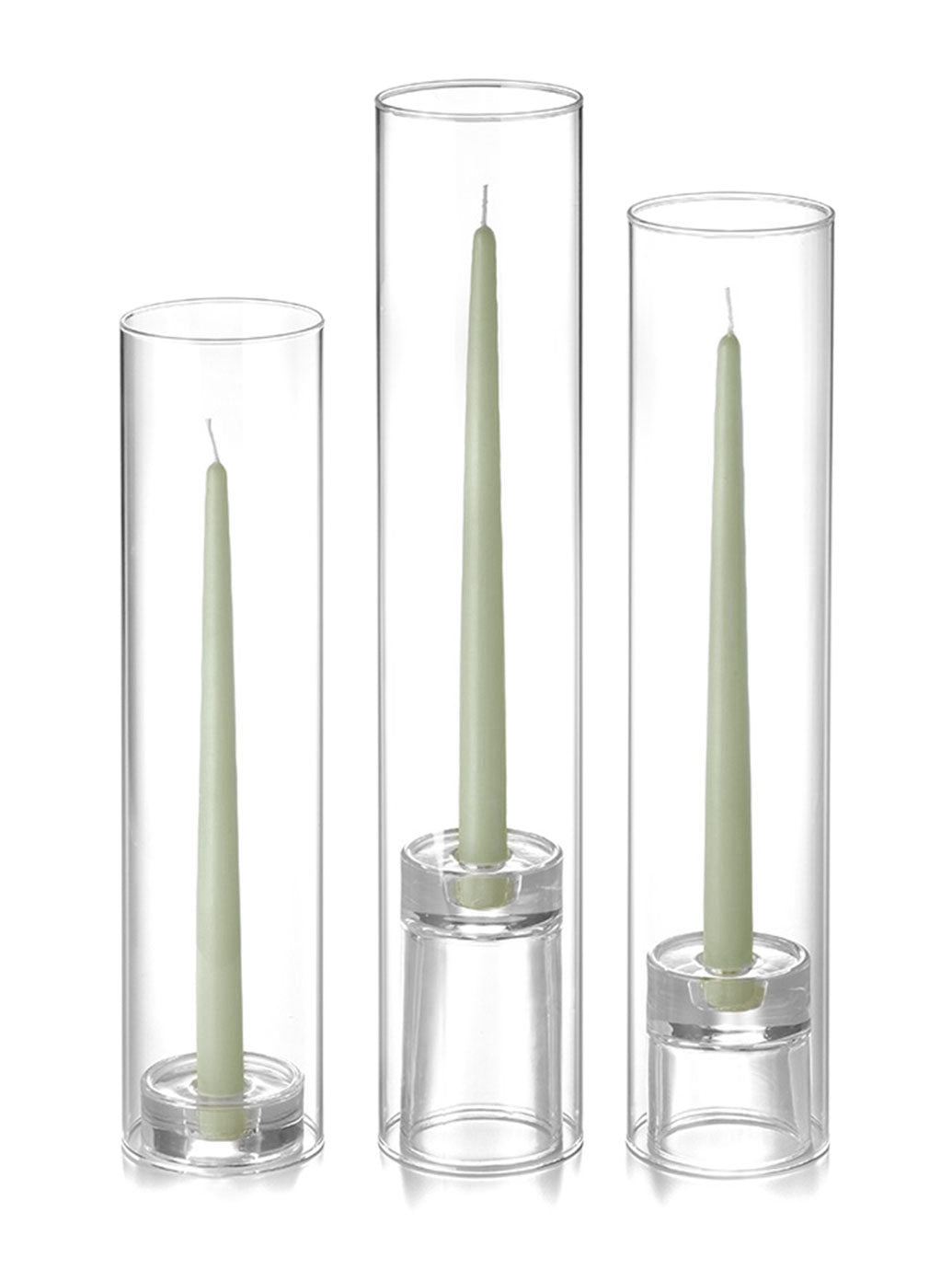 12 Taper Candles, 12 Glass Chimneys and 12 Glass Taper Holders