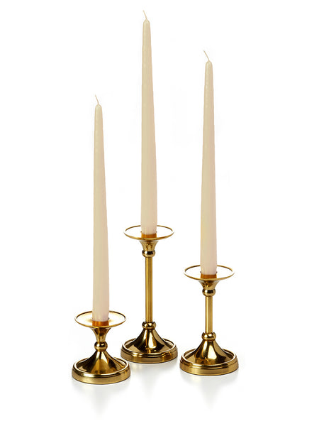 12 Taper Candles And 12 Gold Timeless Taper Holders Yummicandles   65083 Antique Beige Taper Candles Gold Timeless Holders L Grande 