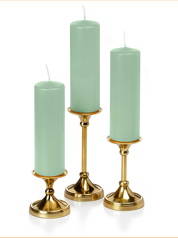 12 Slim Pillar Candles and 12 Gold Timeless Pillar Holders