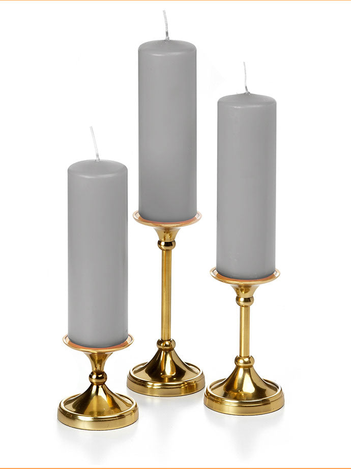 12 Slim Pillar Candles and 12 Gold Timeless Pillar Holders