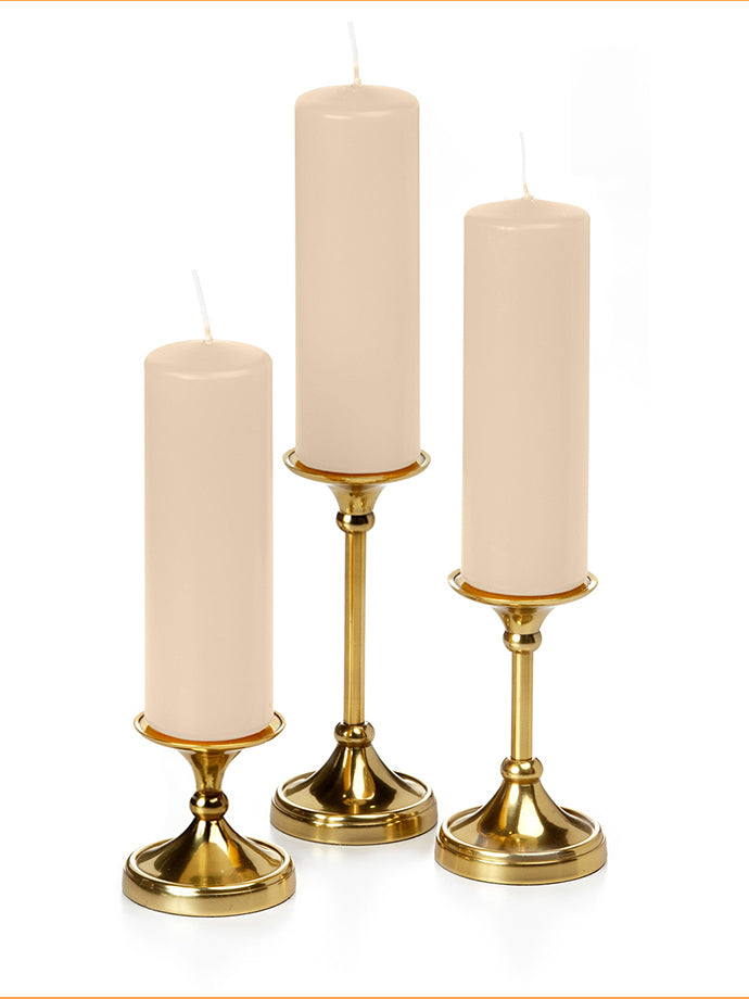 12 Slim Pillar Candles and 12 Gold Timeless Pillar Holders