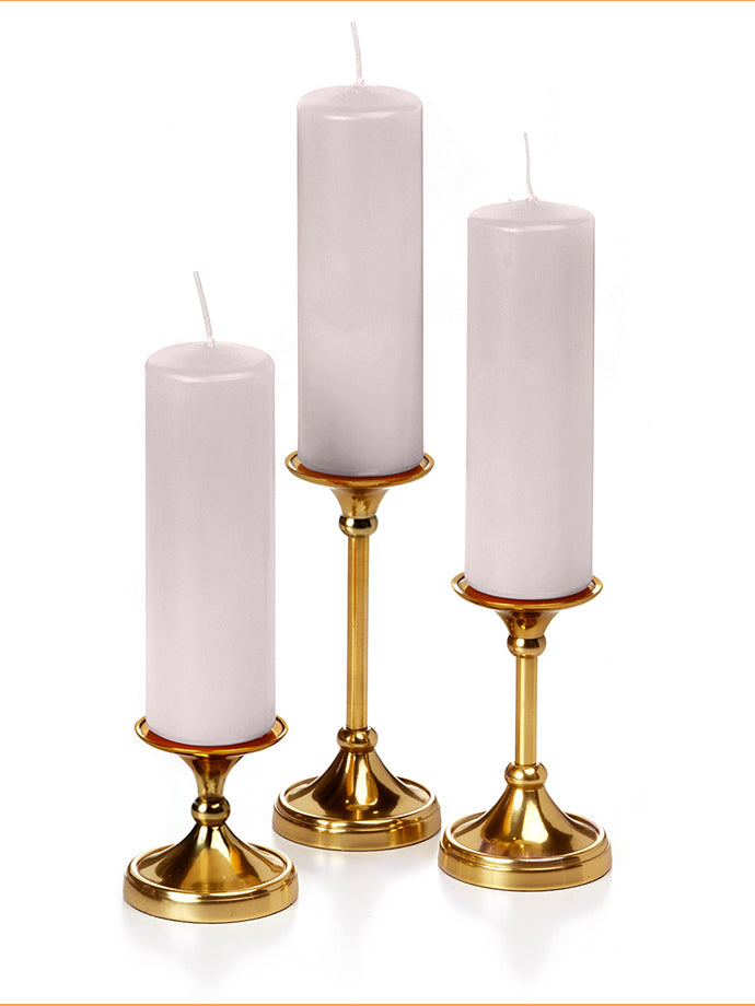 12 Slim Pillar Candles and 12 Gold Timeless Pillar Holders