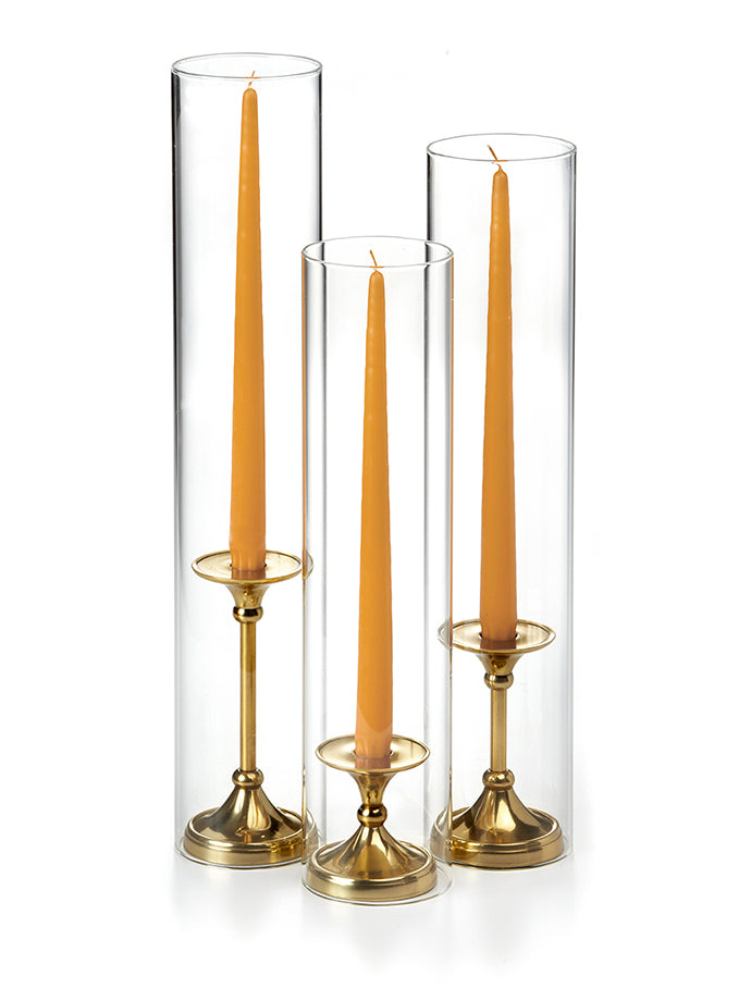 12 Taper Candles, 12 Glass Chimneys and 12 Gold Timeless Taper Holders