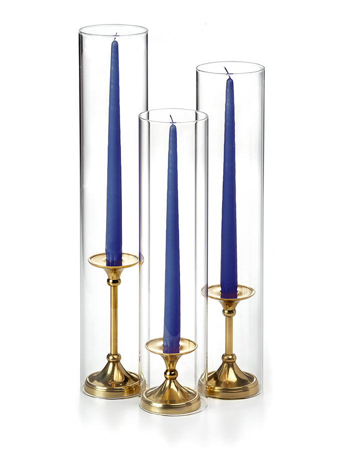 12 Taper Candles, 12 Glass Chimneys and 12 Gold Timeless Taper Holders