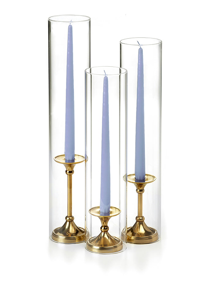 12 Taper Candles, 12 Glass Chimneys and 12 Gold Timeless Taper Holders