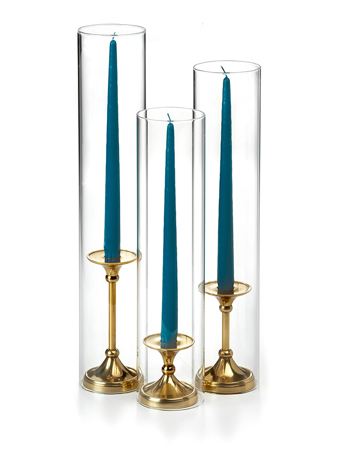 12 Taper Candles, 12 Glass Chimneys and 12 Gold Timeless Taper Holders