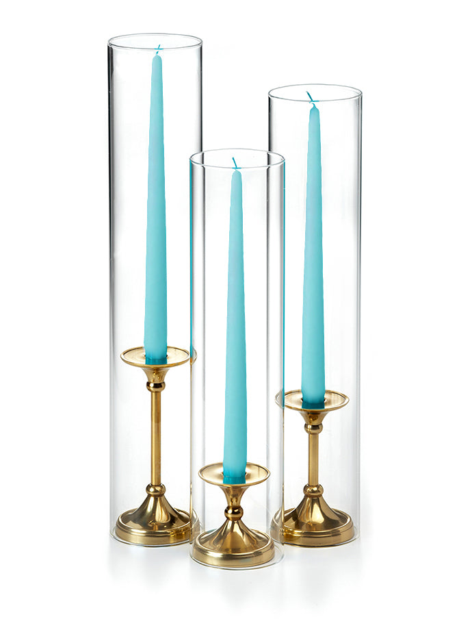 12 Taper Candles, 12 Glass Chimneys and 12 Gold Timeless Taper Holders