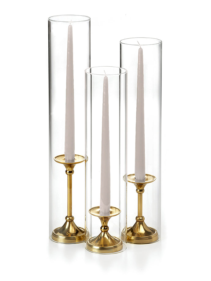 12 Taper Candles, 12 Glass Chimneys and 12 Gold Timeless Taper Holders