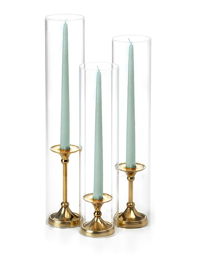 12 Taper Candles, 12 Glass Chimneys and 12 Gold Timeless Taper Holders