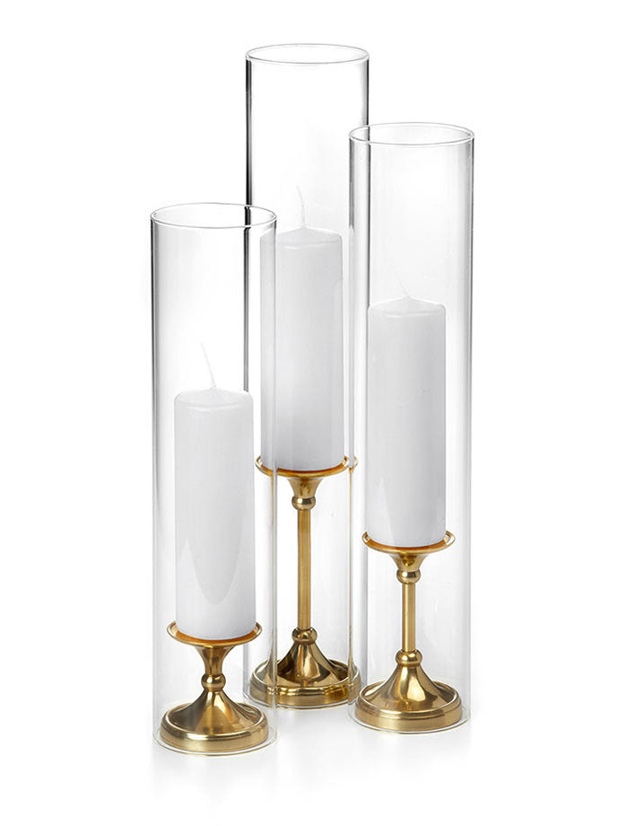 Yummi Candles - 12 Slim Pillar Candles, 12 Glass Chimneys and 12 Gold Timeless Pillar Holders