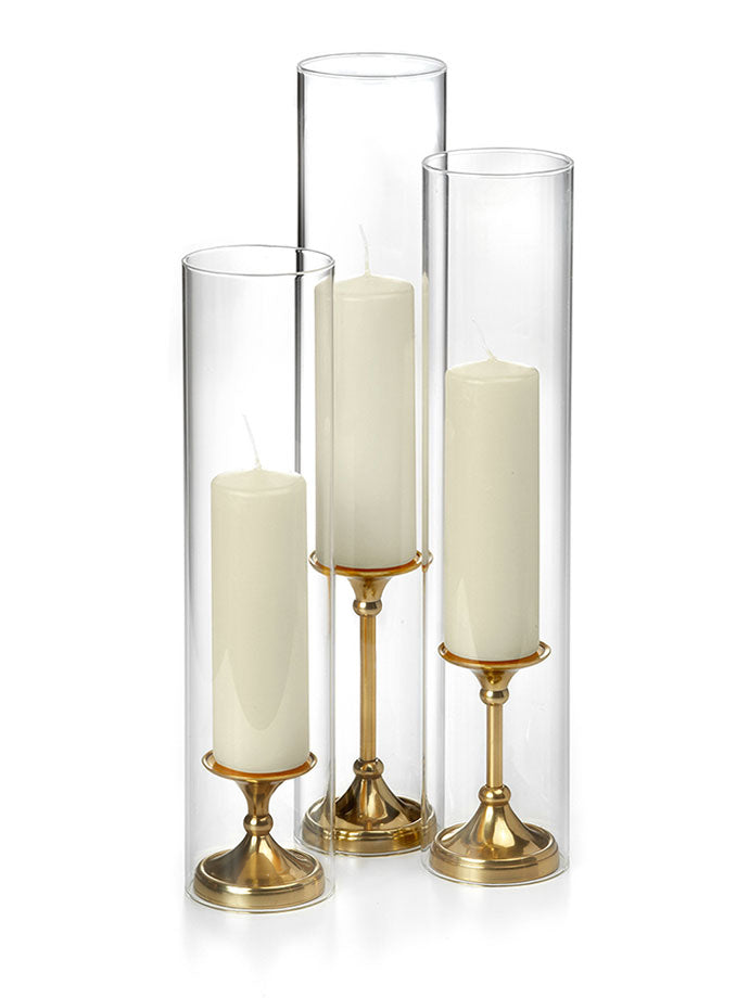 12 Slim Pillar Candles, 12 Glass Chimneys and 12 Gold Timeless Pillar Holders