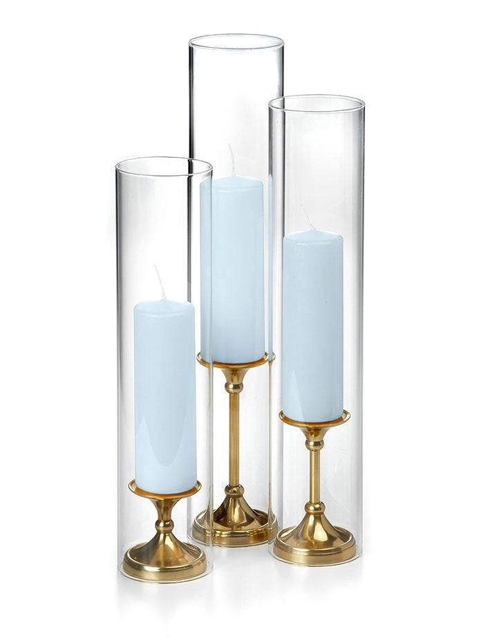 12 Slim Pillar Candles, 12 Glass Chimneys and 12 Gold Timeless Pillar Holders