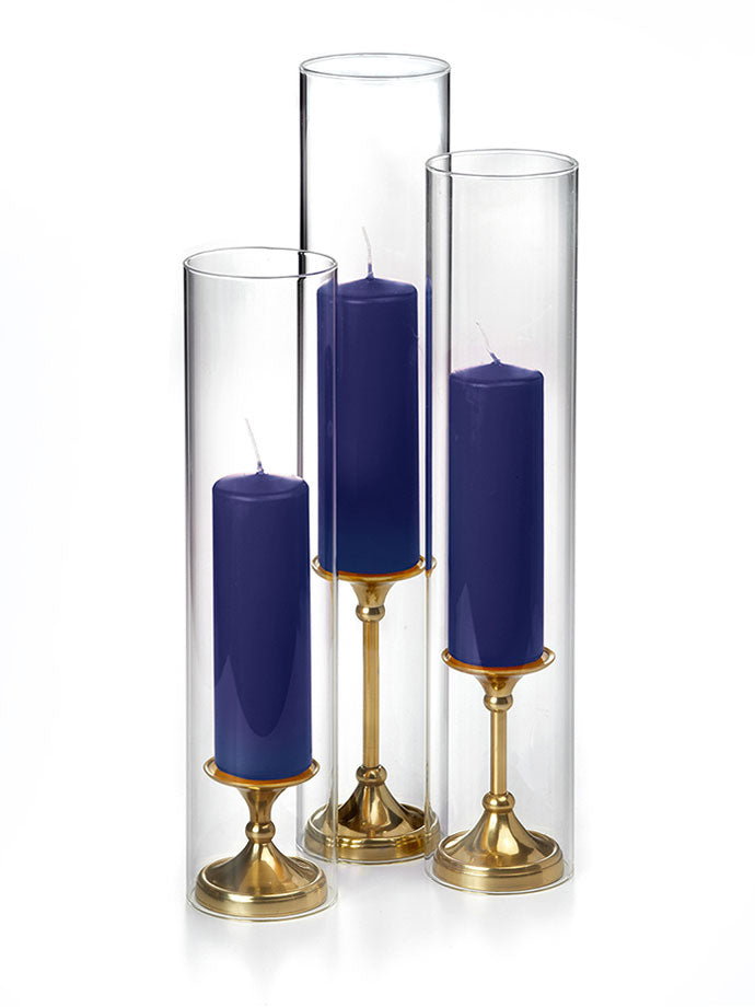 12 Slim Pillar Candles, 12 Glass Chimneys and 12 Gold Timeless Pillar Holders