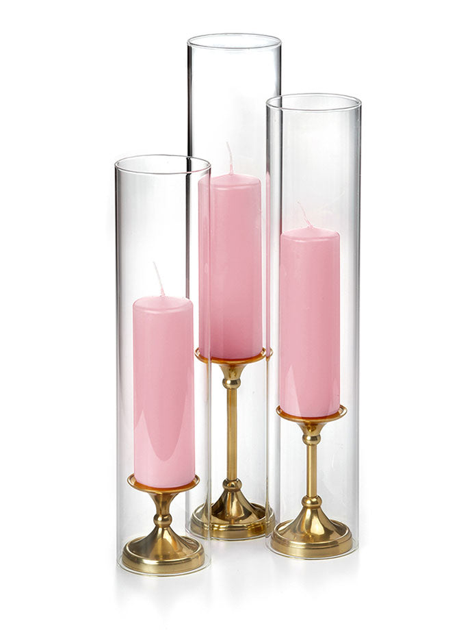 12 Slim Pillar Candles, 12 Glass Chimneys and 12 Gold Timeless Pillar Holders