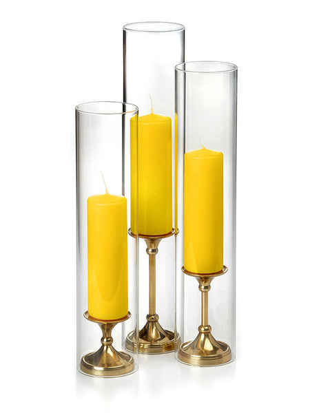 12 Slim Pillar Candles 12 Glass Chimneys And 12 Gold Timeless Pillar Holders Yummicandles 9784