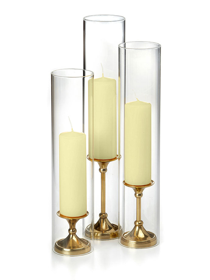 12 Slim Pillar Candles, 12 Glass Chimneys and 12 Gold Timeless Pillar Holders