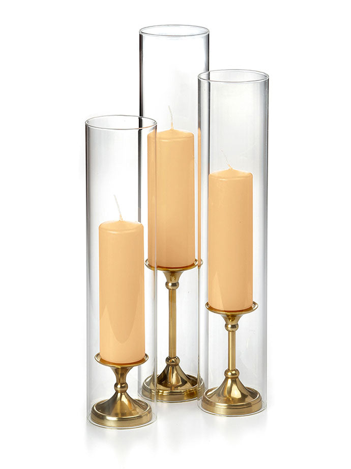 12 Slim Pillar Candles, 12 Glass Chimneys and 12 Gold Timeless Pillar Holders