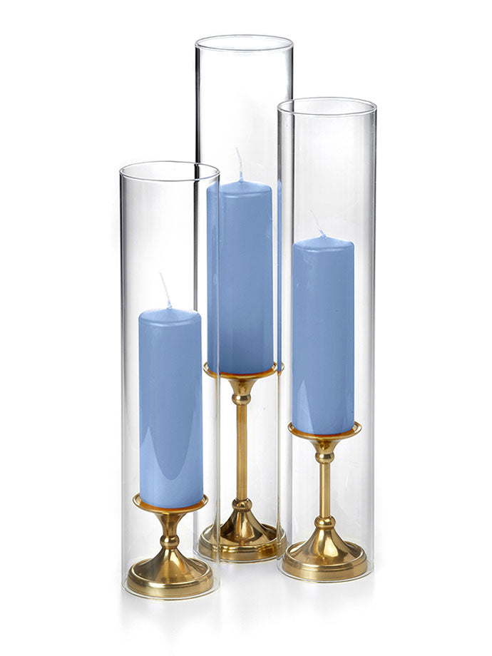 12 Slim Pillar Candles, 12 Glass Chimneys and 12 Gold Timeless Pillar Holders