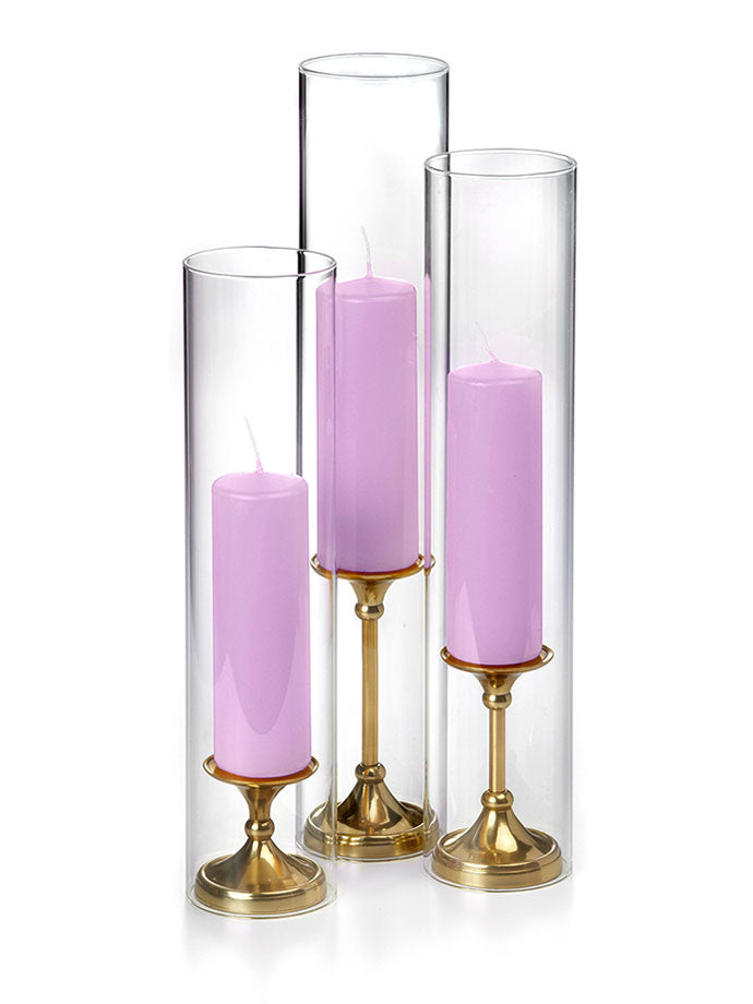 12 Slim Pillar Candles, 12 Glass Chimneys and 12 Gold Timeless Pillar Holders