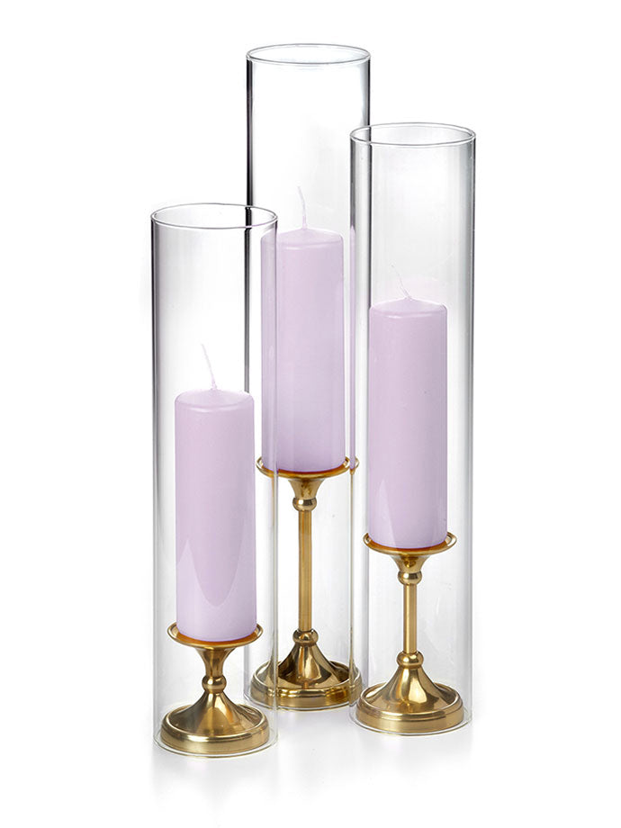 12 Slim Pillar Candles, 12 Glass Chimneys and 12 Gold Timeless Pillar Holders