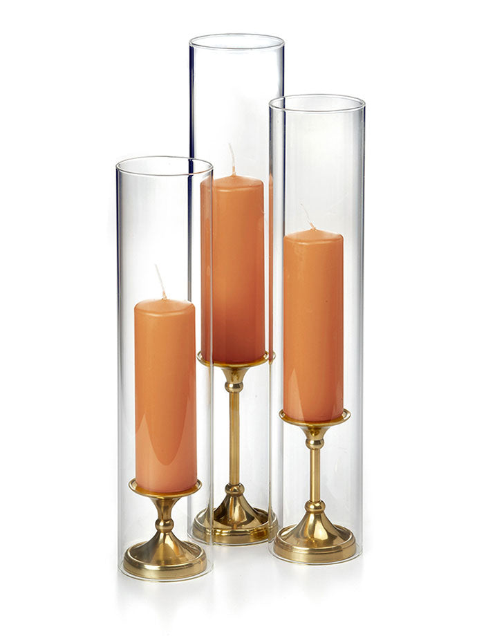 12 Slim Pillar Candles, 12 Glass Chimneys and 12 Gold Timeless Pillar Holders