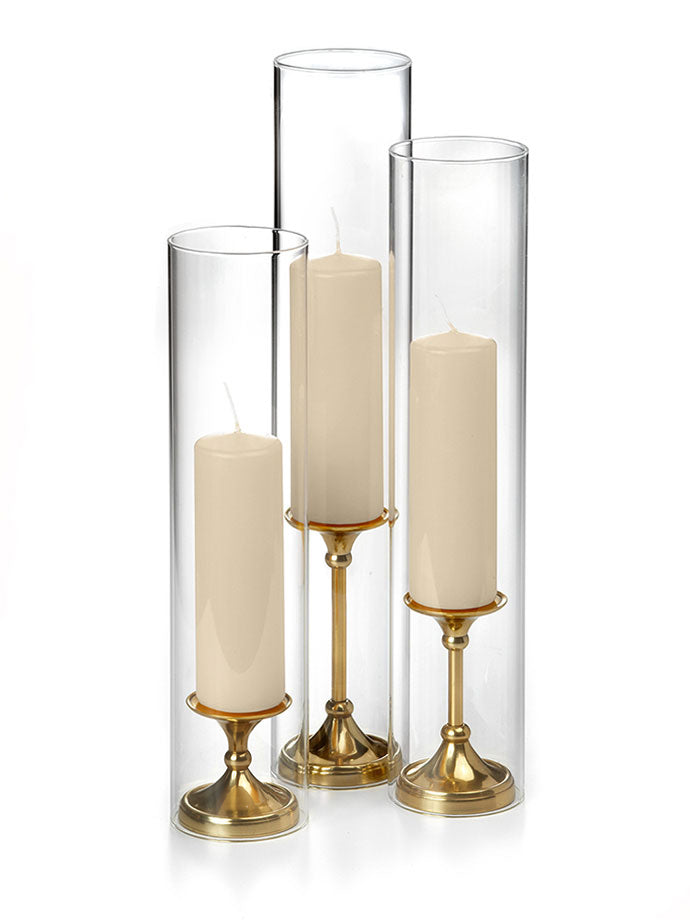 12 Slim Pillar Candles, 12 Glass Chimneys and 12 Gold Timeless Pillar Holders