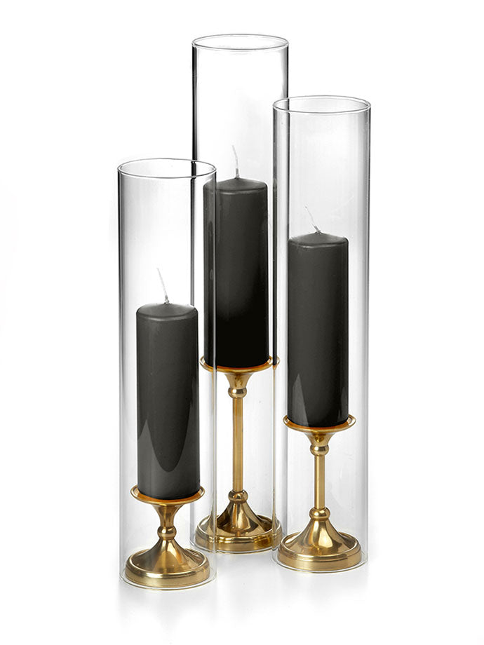 12 Slim Pillar Candles, 12 Glass Chimneys and 12 Gold Timeless Pillar Holders