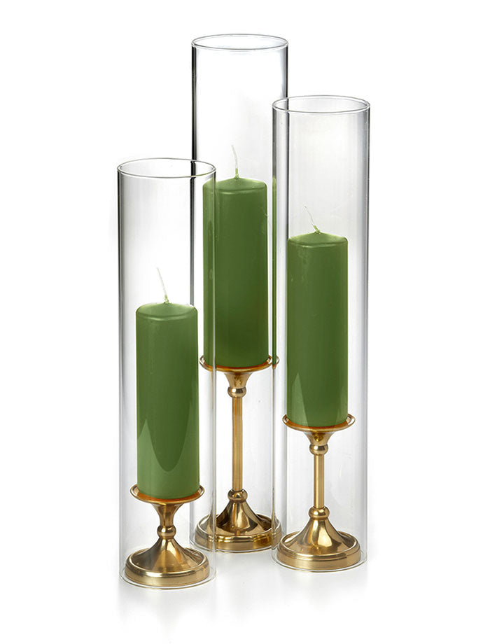 12 Slim Pillar Candles, 12 Glass Chimneys and 12 Gold Timeless Pillar Holders