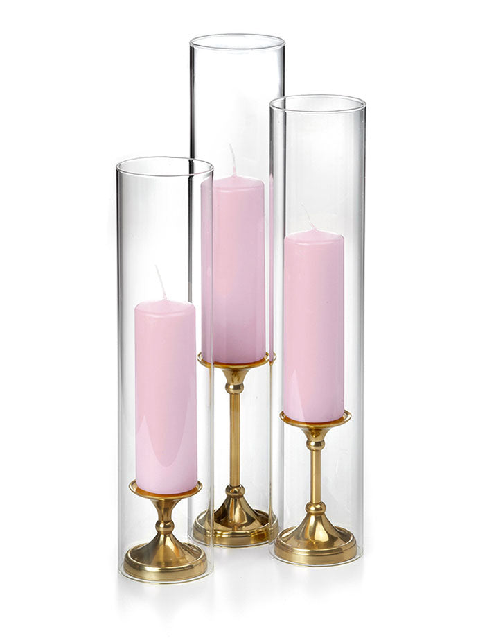 12 Slim Pillar Candles, 12 Glass Chimneys and 12 Gold Timeless Pillar Holders