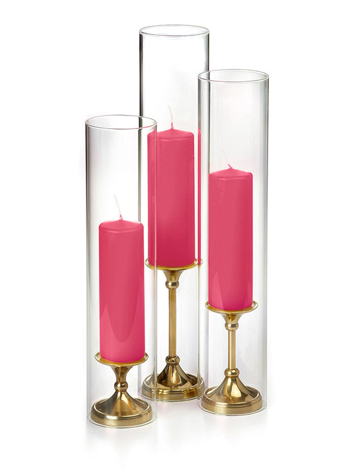 12 Slim Pillar Candles, 12 Glass Chimneys and 12 Gold Timeless Pillar Holders