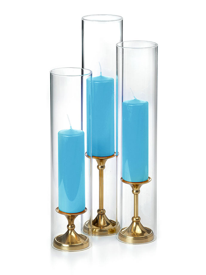 12 Slim Pillar Candles, 12 Glass Chimneys and 12 Gold Timeless Pillar Holders