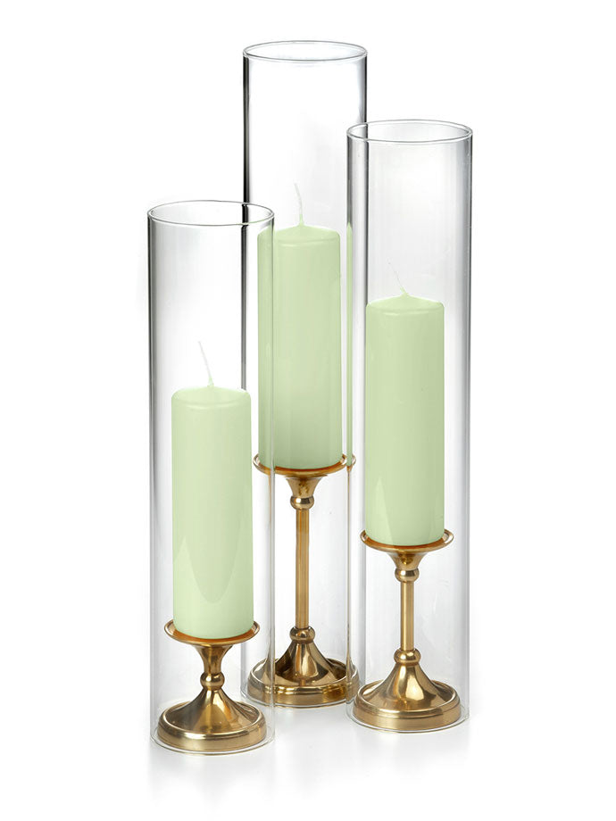 12 Slim Pillar Candles, 12 Glass Chimneys and 12 Gold Timeless Pillar Holders