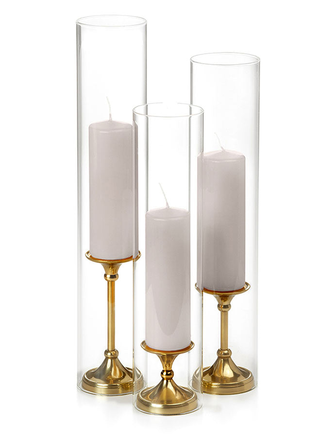 12 Slim Pillar Candles, 12 Glass Chimneys and 12 Gold Timeless Pillar Holders