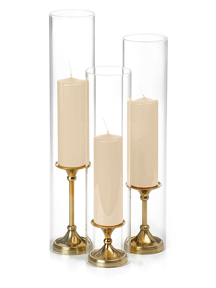 12 Slim Pillar Candles, 12 Glass Chimneys and 12 Gold Timeless Pillar Holders