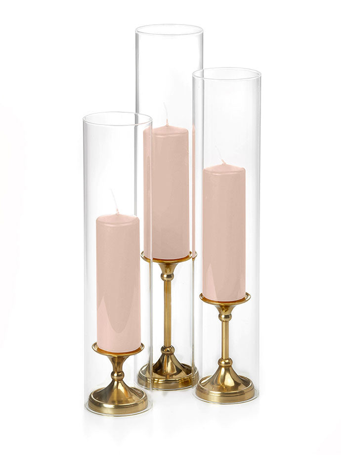 12 Slim Pillar Candles, 12 Glass Chimneys and 12 Gold Timeless Pillar Holders