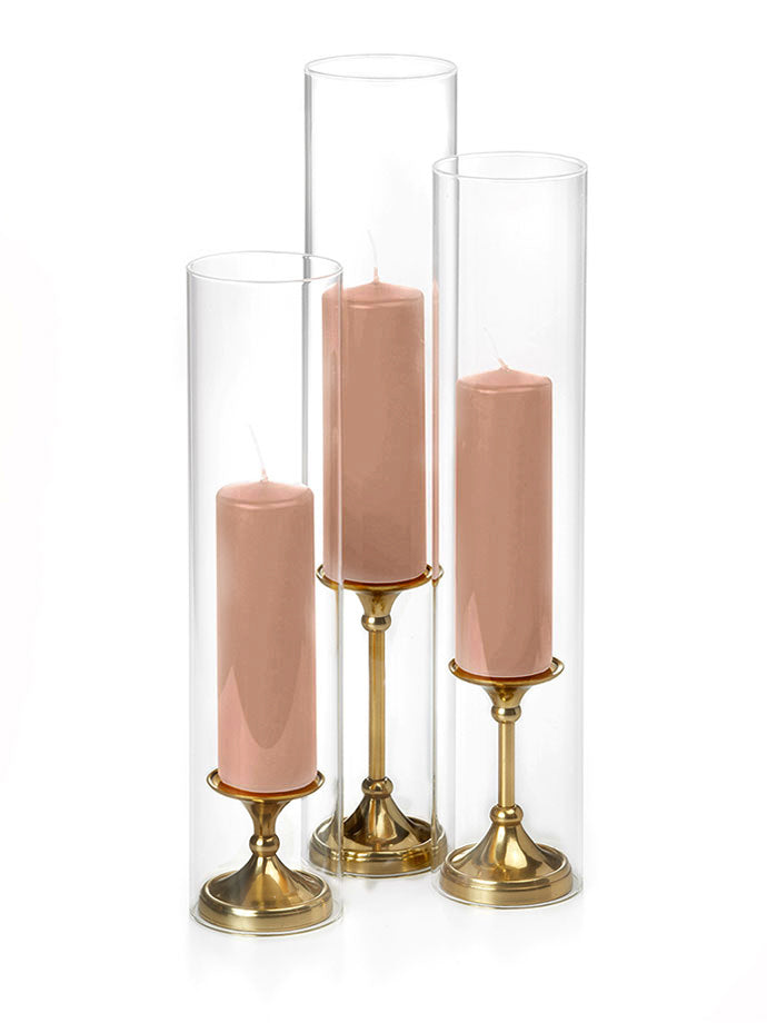 12 Slim Pillar Candles, 12 Glass Chimneys and 12 Gold Timeless Pillar Holders