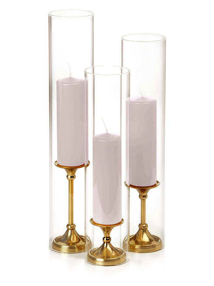 12 Slim Pillar Candles, 12 Glass Chimneys and 12 Gold Timeless Pillar Holders